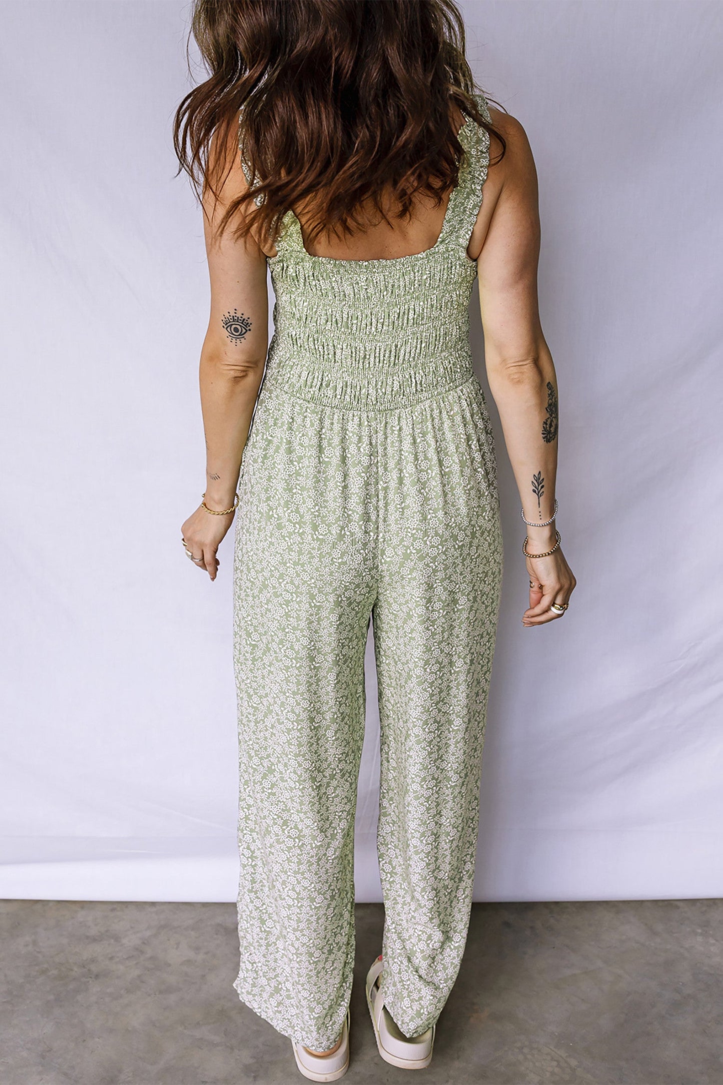 Green Smocked Floral Jumpsuit January.