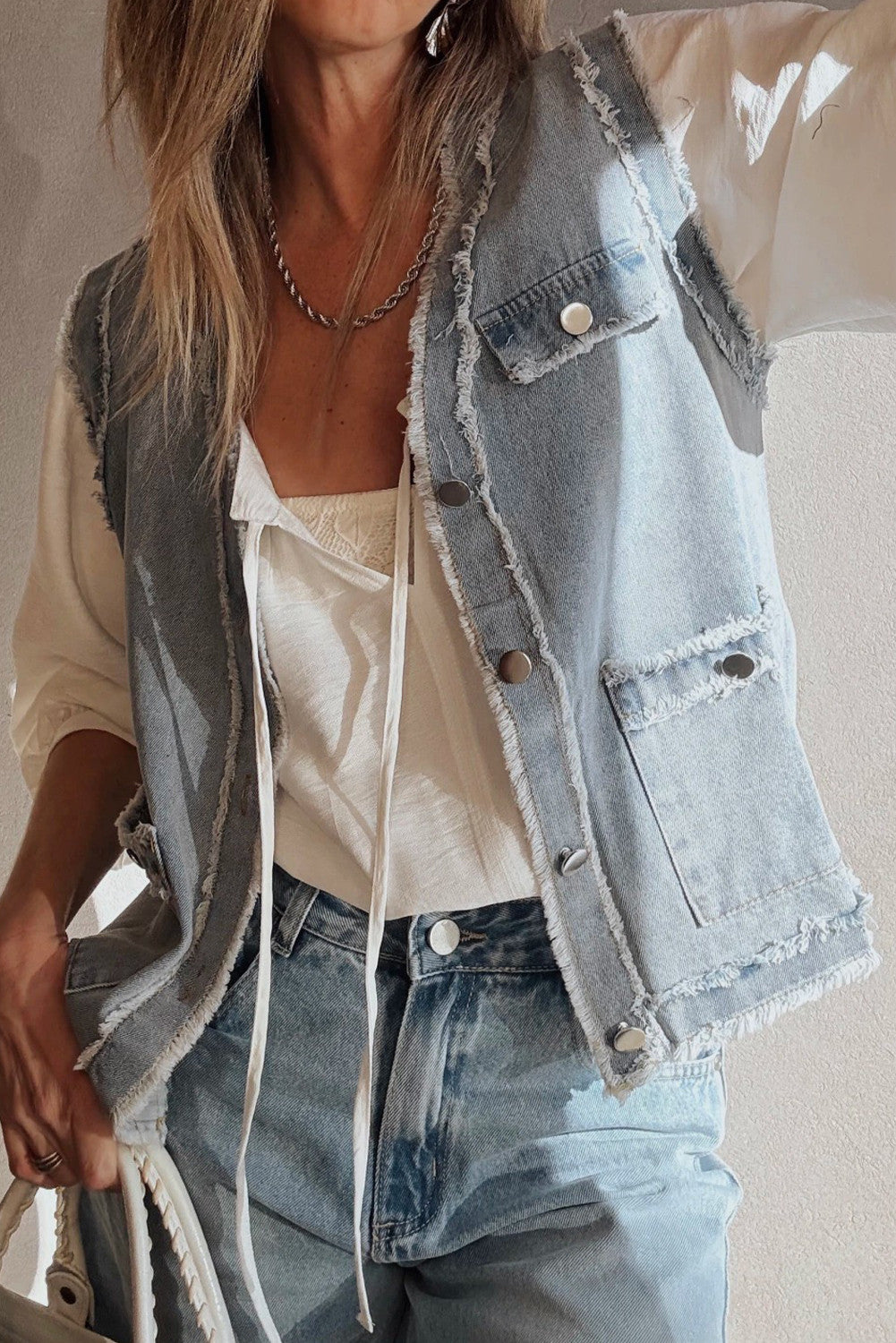 Blue Frayed Denim Vest October.