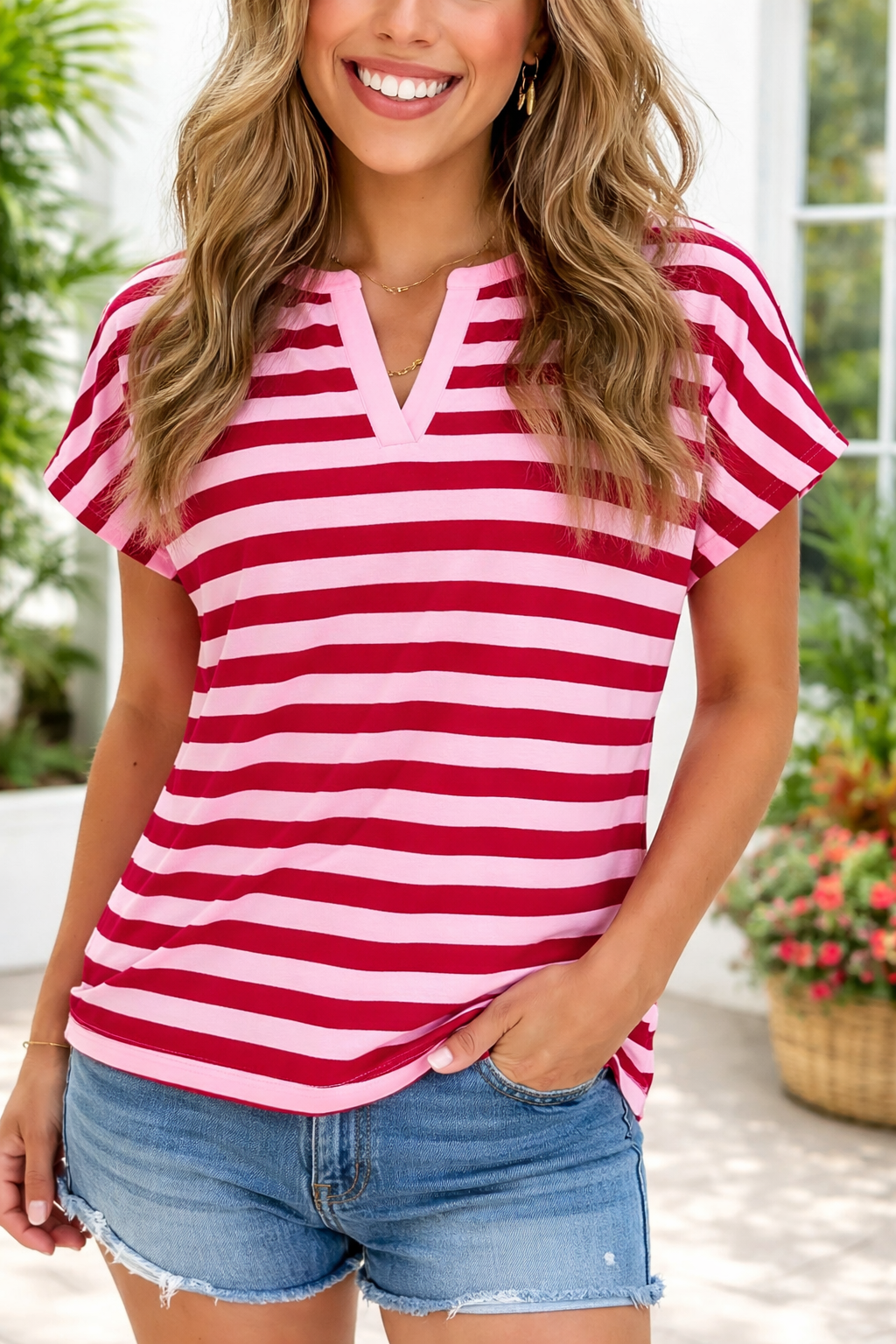 Pink Stripe V Neck Shirt January.