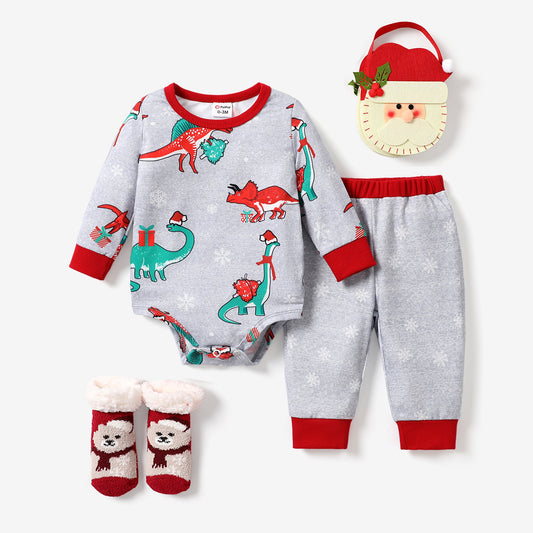 2pcs Baby Boy Christmas Dinosaur Pattern Set