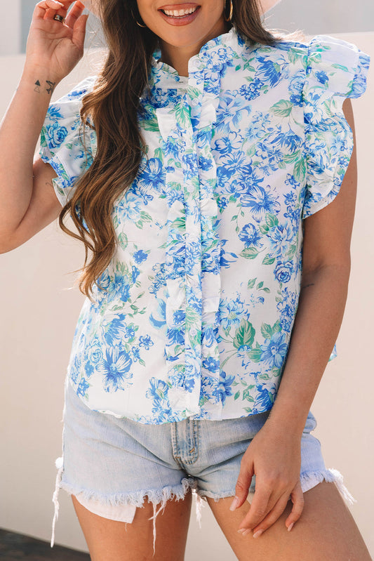 Blue Floral Frilly Button Shirt March.