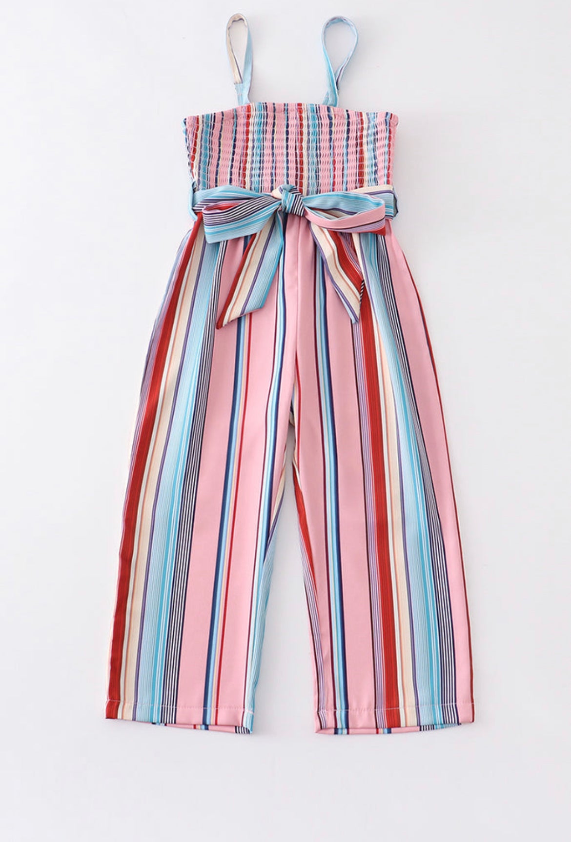 Kids Multicolored Stripe Smocked Strap Jumpsuit