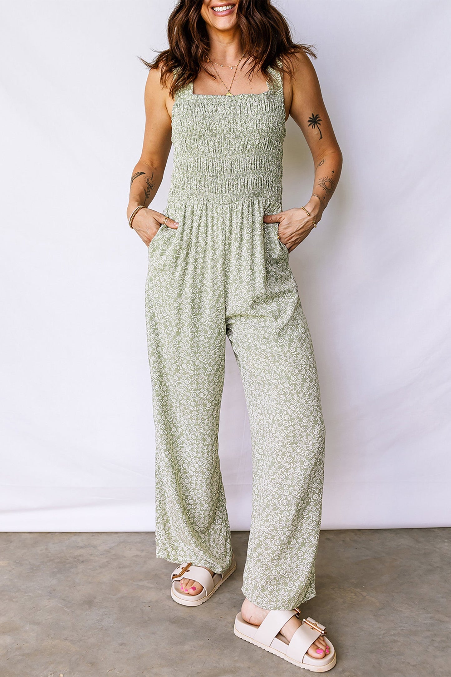 Green Smocked Floral Jumpsuit January.