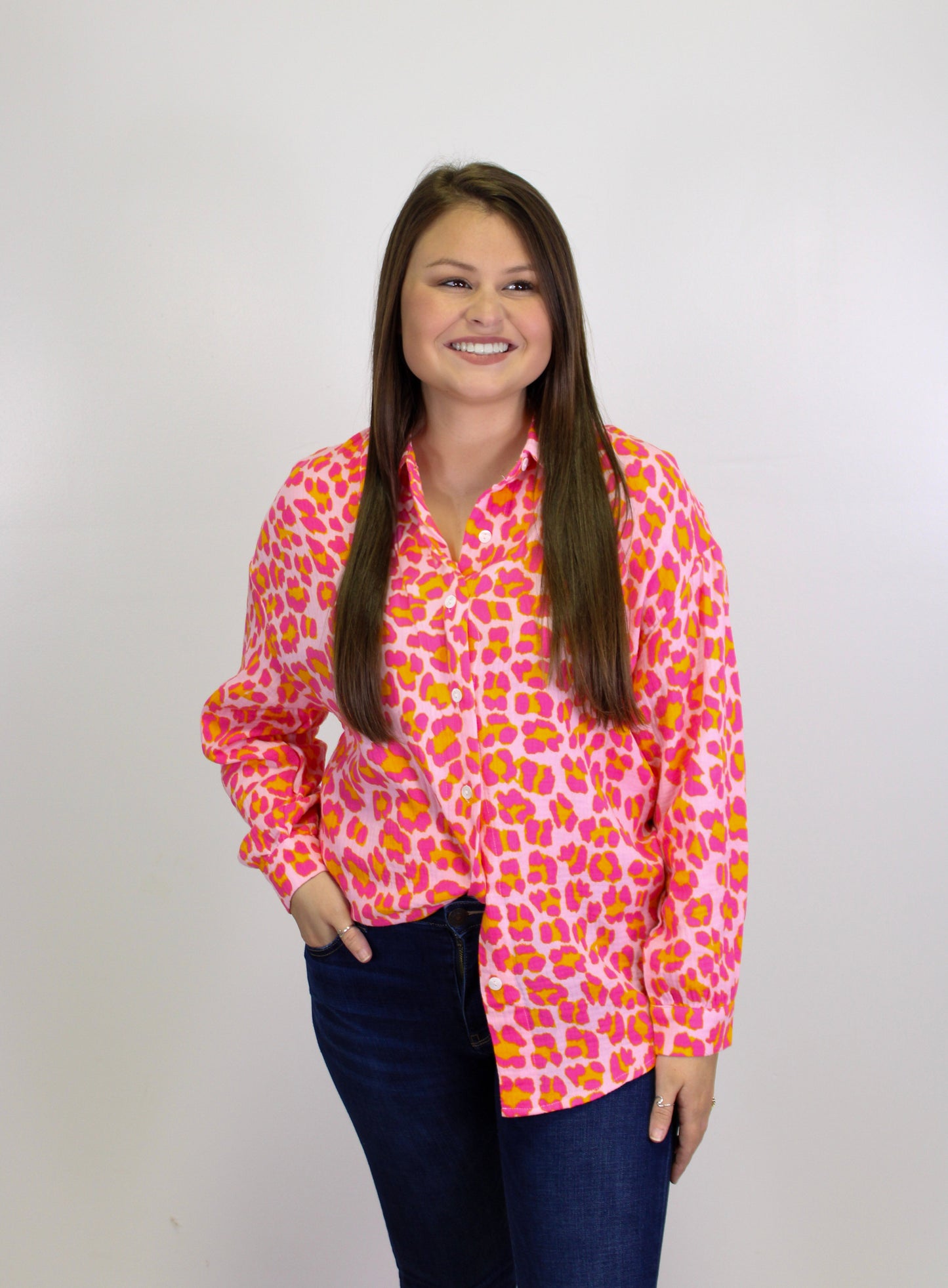 Pink Leopard Button Blouse December.