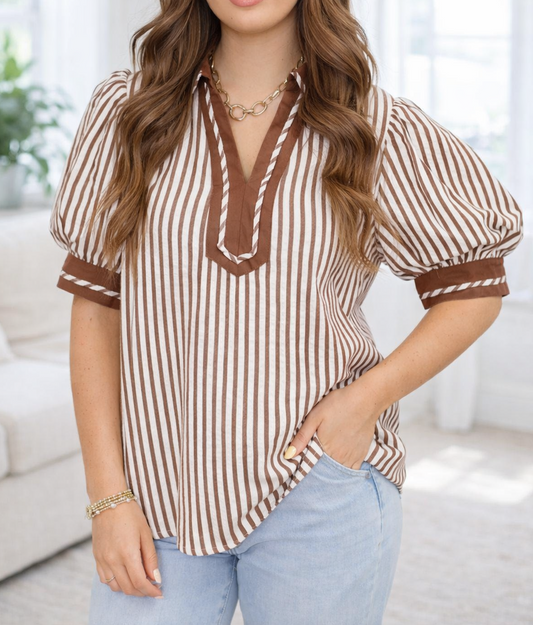 Khaki Stripe Bubble Sleeve Blouse January.