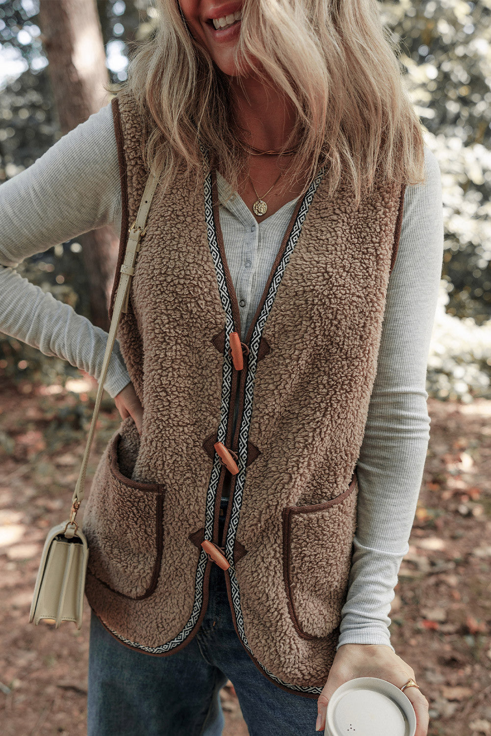 Khaki Sherpa Button Vest November.